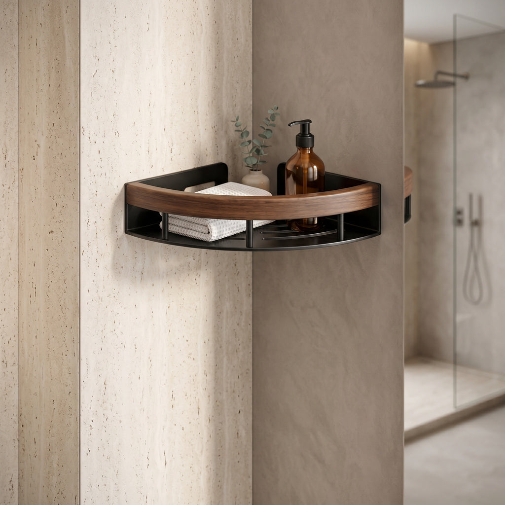 Étagère d'angle noyer sans perçage mise en scène dans une salle de bain haut de gamme