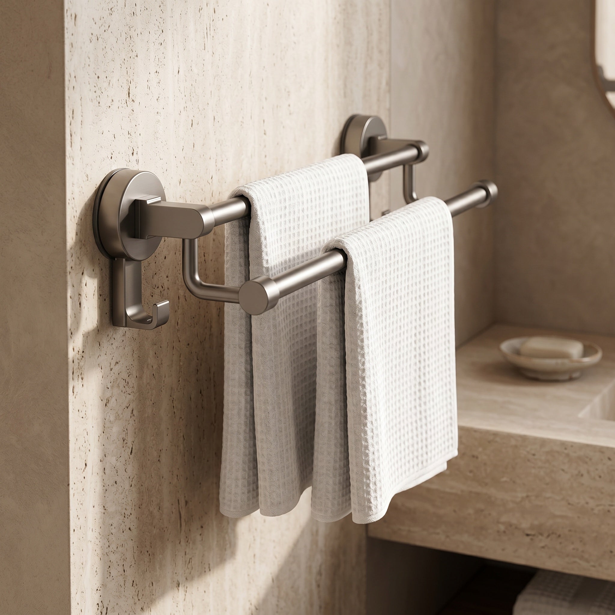 Porte-serviette double barre dans une salle de bain haut de gamme