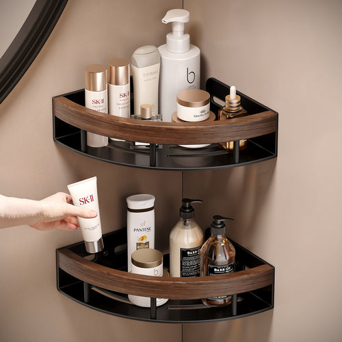Étagère d'angle salle de bain noyer sans perçage