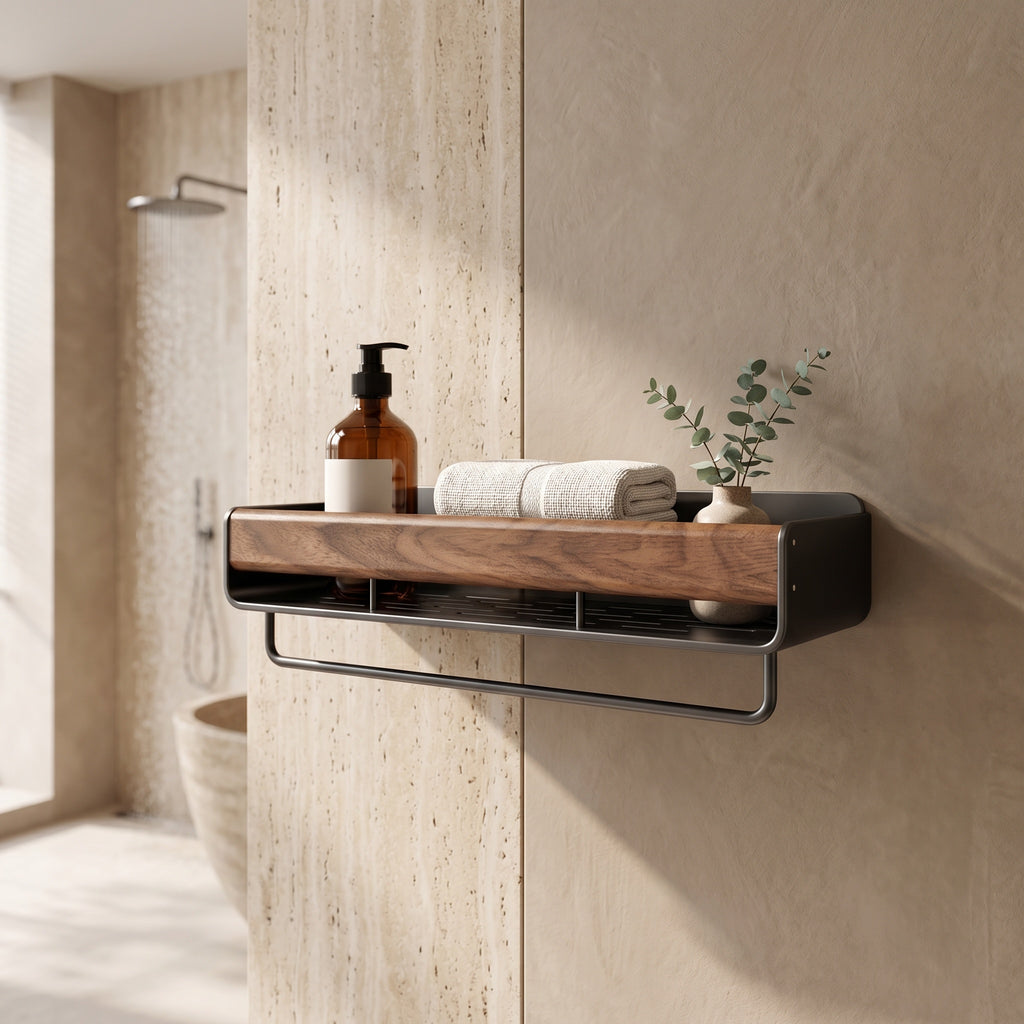 Étagère noyer murale dans une salle de bain haut de gamme
