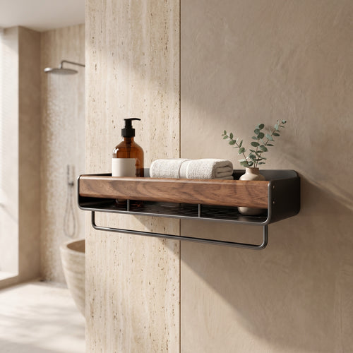 Étagère noyer murale dans une salle de bain haut de gamme