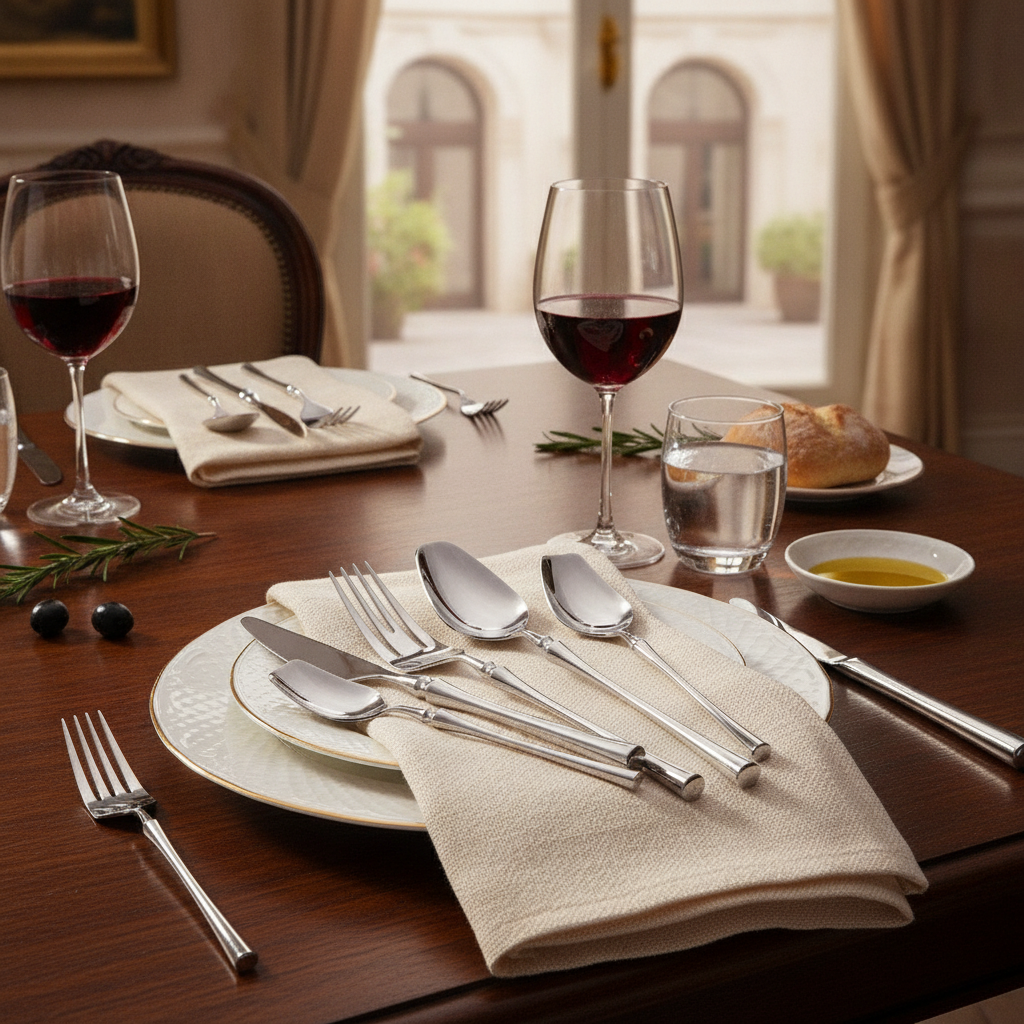 Ménagère Posata inox sur une table dressée italienne